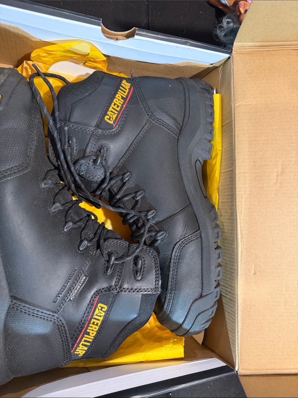 Caterpillar Black Work Boots with Yellow Logo